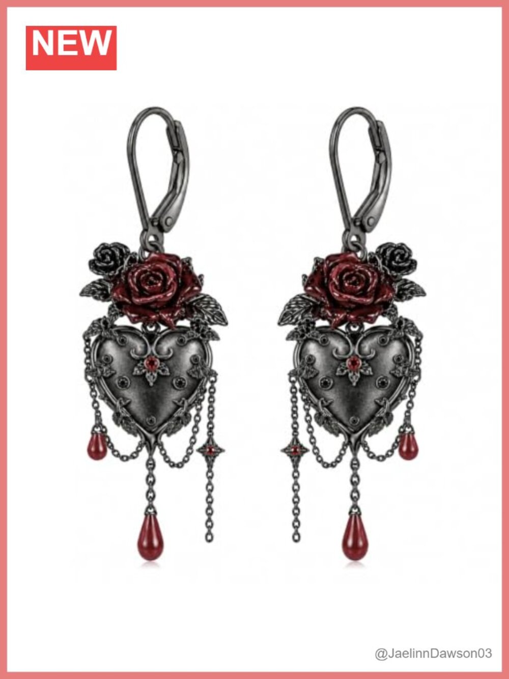 Gothic Red Rose Heart Dangle Earrings Sterling Silver Halloween